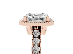 Asscher Cut Diamond Halo Engagement Ring Set in Rose gold with Pavé Band and Prong-Set Center