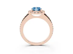 Fancy Blue Cushion Cut Diamond Pavé Halo Ring Set in Rose gold with Prong Setting