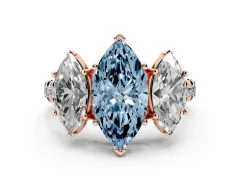Fancy Blue Marquise Cut Diamond Three-Stone Ring Set in Rose gold with Pavé Band
