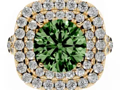 Fancy Green Round Cut Diamond Double Halo Ring Set in Yellow gold with Pavé Split Shank and Prong Setting