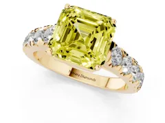 Fancy Yellow Asscher Cut Diamond Solitaire Ring Set in Yellow gold with Cut-Down Micro Pavé Band and Prong Setting