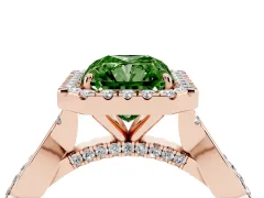 Fancy Green Radiant Cut Diamond Halo Twist Band Solitaire Ring Set in Rose gold with Prong Setting
