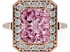 Fancy Pink Radiant Cut Diamond Halo Ring Set in Rose gold with Accent-Lined Split Shank and Prong Setting