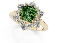 Fancy Green Cushion Cut Diamond Cluster Halo Ring Set in Yellow gold with Solitaire Band and Prong Setting