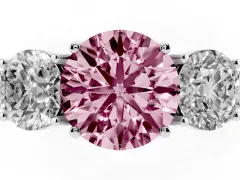 Fancy Pink Round Cut Diamond Three-Stone Engagement Ring Set in White gold with Milgrain Pavé Band