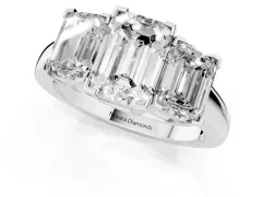 Emerald Cut Diamond Three-Stone Ring Set in White gold with Channel-Set Band and Prong Settings