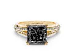 Fancy Black Princess Cut Diamond Split Shank Pavé Engagement Ring Set in Yellow gold with Prong-Set Center Stone