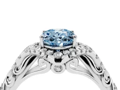Fancy Blue Oval Cut Diamond Solitaire Ring Set in Silver with Hidden Halo and Pavé Band