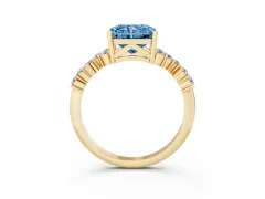 Fancy Blue Radiant Cut Diamond Ring Set in Yellow gold with Scattered Round Accents