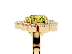 Fancy Yellow Heart Cut Diamond Cluster Halo Ring Set in Yellow gold with Milgrain Bezel Accents and Plain Band