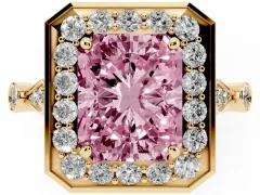 Fancy Pink Radiant Cut Diamond Halo Engagement Ring Set in Yellow gold with Twisted Band and Prong Setting