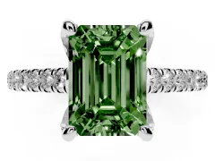 Fancy Green Emerald Cut Diamond Solitaire Ring Set in Silver with Brilliant Pavé Band and Prong Setting
