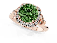 Fancy Green Round Cut Diamond Halo Engagement Ring Set in Rose gold with Vintage-Inspired Band and Prong Setting