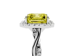 Fancy Yellow Asscher Cut Diamond Halo Twist Band Solitaire Ring Set in White gold with Prong Setting