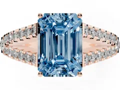 Fancy Blue Emerald Cut Diamond Split Shank Pavé Engagement Ring Set in Rose gold with Prong-Held Center Stone