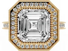 Asscher Cut Diamond Halo Milgrain Pavé Band Ring Set in Yellow gold with Prong Setting