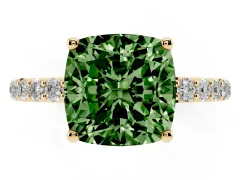 Fancy Green Cushion Cut Diamond Solitaire Engagement Ring Set in Yellow gold with Round Pavé Band and Prong Setting