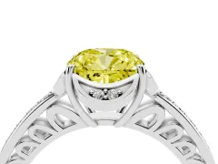 Fancy Yellow Cushion Cut Diamond Halo Ring Set in White gold with Channel Set Band and Prong Setting