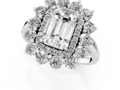 Emerald Cut Diamond Floral Double Halo Ring Set in White gold with Round Petals