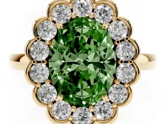 Fancy Green Oval Cut Diamond Halo Cluster Engagement Ring Set in Yellow gold with Solitaire Band and Prong Setting