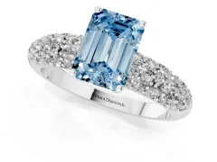 Fancy Blue Emerald Cut Diamond Pavé Band Solitaire Ring Set in White gold with Close-Set Accent Stones and Prong Setting