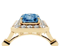 Fancy Blue Radiant Cut Diamond Halo Engagement Ring Set in Yellow gold with Twisted Band and Prong Setting