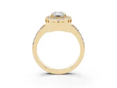 Emerald Cut Diamond Halo Ring Set in Yellow gold with Pavé Shank and Prong Setting