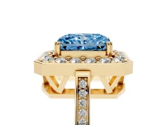 Fancy Blue Radiant Cut Diamond Halo Ring Set in Yellow gold with Accent-Lined Split Shank and Prong Setting