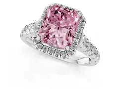 Fancy Pink Radiant Cut Diamond Halo Engagement Ring Set in White gold with Pavé Band and Prong-Set Center