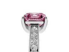 Fancy Pink Asscher Cut Diamond Solitaire Ring Set in White gold with Milgrain-Edged Pavé Band and Prong Setting