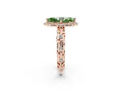 Fancy Green Marquise Cut Diamond Halo Ring Set in Rose gold with Filigree Leaf Band and Prong Setting