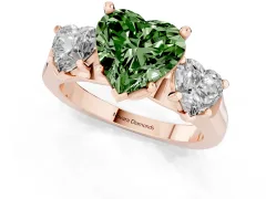 Fancy Green Heart Cut Diamond Three-Stone Trellis Ring Set in Rose gold with Comfort Fit Band