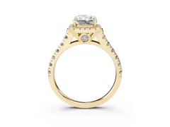 Radiant Cut Diamond Halo Engagement Ring Set in Yellow gold with Pavé Band and Prong-Set Center
