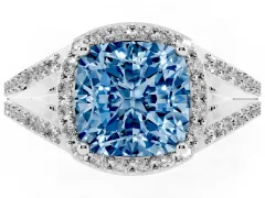 Fancy Blue Cushion Cut Diamond Halo Split Shank Pavé Ring Set in White gold with Prong Setting