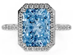 Fancy Blue Radiant Cut Diamond Halo Engagement Ring Set in Platinum with Round Pavé Shoulders and Heart Gallery