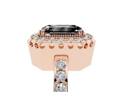 Fancy Black Emerald Cut Diamond Halo Ring Set in Rose gold with Pavé Shank and Prong Setting