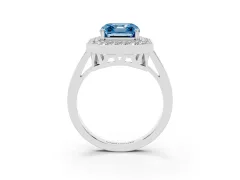 Fancy Blue Asscher Cut Diamond Halo Ring Set in Silver with Accent-Lined Split Shank and Prong Setting