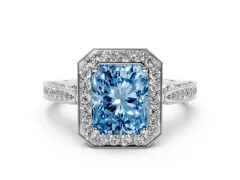 Fancy Blue Radiant Cut Diamond Halo Engagement Ring Set in Platinum with Accent Split Shank Band