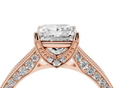 Princess Cut Diamond Solitaire Ring Set in Rose gold with Milgrain-Edged Pavé Band and Prong Setting