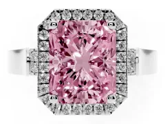 Fancy Pink Radiant Cut Diamond Halo Ring Set in White gold with Pavé-Lined Split Shank Band