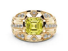 Fancy Yellow Asscher Cut Diamond Art Deco Ring Set in Yellow gold with Pavé Split Shank