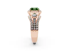 Fancy Green Asscher Cut Diamond Halo Split Shank Ring Set in Rose gold with Round Accent Stones and Prong Setting