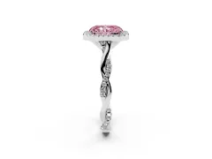 Fancy Pink Radiant Cut Diamond Halo Twist Band Solitaire Ring Set in White gold with Prong Setting