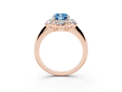 Fancy Blue Cushion Cut Diamond Cluster Halo Ring Set in Rose gold with Solitaire Band and Prong Setting
