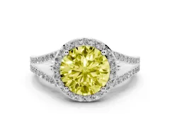 Fancy Yellow Round Cut Diamond Halo Split Shank Ring Set in White gold with Accent Stones and Prong Setting