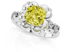 Fancy Yellow Cushion Cut Diamond Floral Halo Ring Set in Platinum with Shared Prong Band