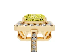 Fancy Yellow Radiant Cut Diamond Halo Ring Set in Yellow gold with Accent-Lined Split Shank and Prong Setting