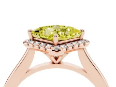 Fancy Yellow Princess Cut Diamond Halo Engagement Ring Set in Rose gold with Pavé Band and Rising Shoulders
