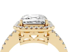 Asscher Cut Diamond Halo Ring Set in Yellow gold with Pavé Shoulders and Halo-Framed Center