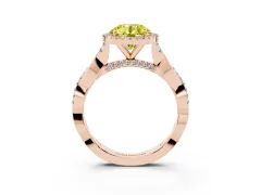 Fancy Yellow Round Cut Diamond Halo Twist Band Solitaire Ring Set in Rose gold with Prong Setting